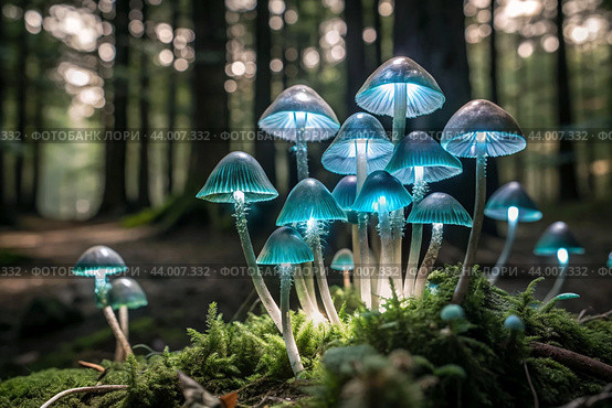 Poisonous mushrooms. Toadstools. Hallucinogenic mushrooms. Glowing mushrooms. An image to illustrate themes related to nature, fantasy, fairy tales and magic. Стоковое AI-изображение, AI-художник Photojuli / Фотобанк Лори