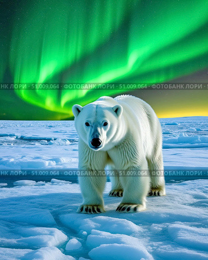 Polar bear under the northern lights. Стоковое AI-изображение, AI-художник Сергей Елизарьев / Фотобанк Лори