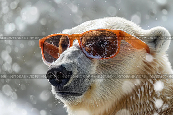Polar bear wearing sunglasses in snowfall, funny wildlife portrait. Стоковое AI-изображение, AI-художник Иван Рябоконь / Фотобанк Лори