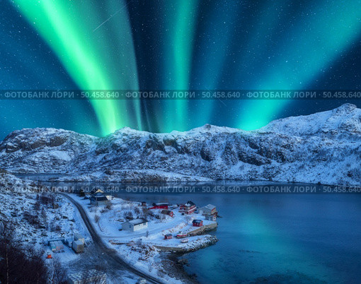 Polar lights over the snowy mountains, sea at night in Lofoten, Norway. Aerial view of aurora borealis, rocks in snow. Winter landscape with northern lights and fjord. Starry sky with aurora. Top view. Стоковое фото, агентство Ingram Publishing / Фотобанк Лори