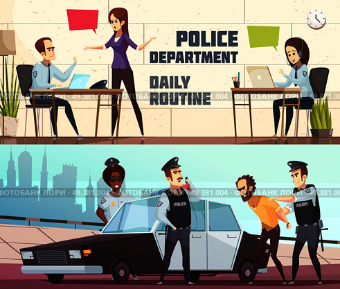 Police department and scene of offender arrest horizontal banners describing working process of staff in office and outdoor vector illustration  . Police Department Horizontal Banners. Стоковая иллюстрация, агентство Ingram Publishing / Фотобанк Лори