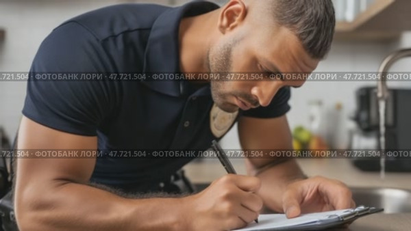 Police officer writing on clipboard in kitchen. Стоковое AI-видео, аниматор Юрий Поздников / Фотобанк Лори