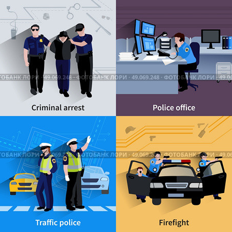 Policeman People 2x2 Design Compositions. Policeman people 2x2 design compositions of traffic police  criminal arrest police office and firefight flat shadow vector illustration . Стоковая иллюстрация, агентство Ingram Publishing / Фотобанк Лори