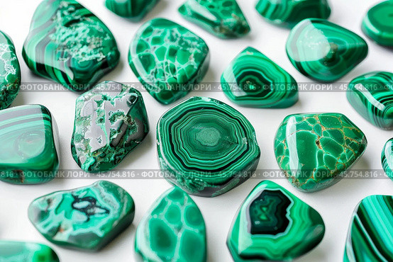 Polished malachite stones showing concentric bands and vivid green color. Стоковое AI-изображение, AI-художник Иван Рябоконь / Фотобанк Лори