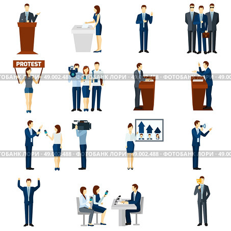 Politics flat icons set. Political party leaders programs speeches broadcast and democratic election procedure pictograms set flat abstract isolated vector illustration. Стоковая иллюстрация, агентство Ingram Publishing / Фотобанк Лори