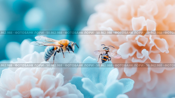 Pollination in Pastel: Two Bees on Flowers, a Springtime Concept for Greetings, Card, or Poster Celebrating Nature and the Beauty of Pollinators. Стоковое AI-изображение, AI-художник Данила Большаков / Фотобанк Лори