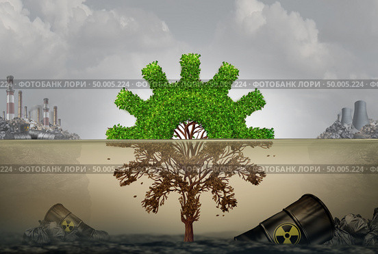 Pollution and business or industrial development risk concept as a machine part shaped tree cog  damaged by contaminated water with 3D illustration elements. Стоковое фото, агентство Ingram Publishing / Фотобанк Лори