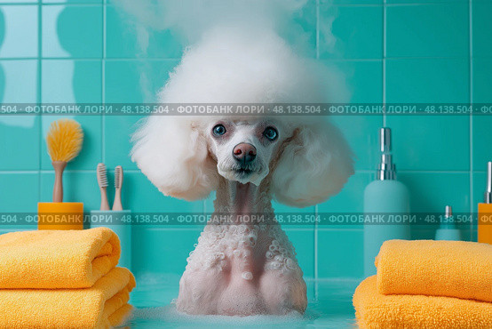 Poodle enjoys a bubbly bath in a vibrant turquoise bathroom. Пудель принимает ванну с пузырьками в яркой бирюзовой ванной комнате. Стоковое AI-изображение, AI-художник Katsiaryna Repich / Фотобанк Лори