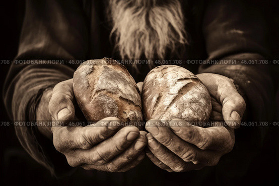 Poor senior man holding bread loaves in dirty hands. Стоковое AI-изображение, AI-художник Иван Рябоконь / Фотобанк Лори