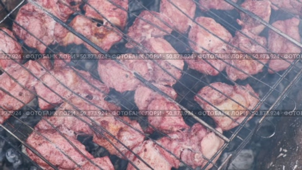 Pork Butt sliced on BBQ. Shish kebab. Pieces of pork on the grid, grilled meat with smoke. Food preparation process. Marinated spiced fillet meat cooked on charcoal barbeque grill. Outdoors cooking. Стоковое видео, видеограф Марина Демидюк / Фотобанк Лори