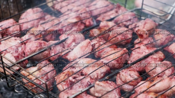 Pork Butt sliced on BBQ. Shish kebab. Pieces of pork on the grid, grilled meat with smoke. Food preparation process. Marinated spiced fillet meat cooked on charcoal barbeque grill. Outdoors cooking. Стоковое видео, видеограф Марина Демидюк / Фотобанк Лори