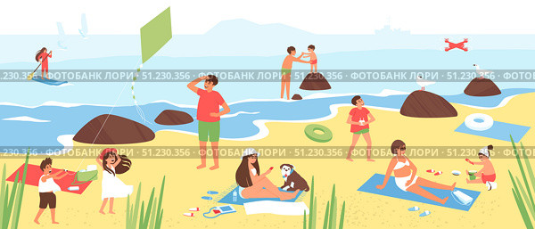 Порской пляж с людьми, отдыхающими в отпуске. Стоковая иллюстрация, иллюстратор Смурякова Наталья / Фотобанк Лори