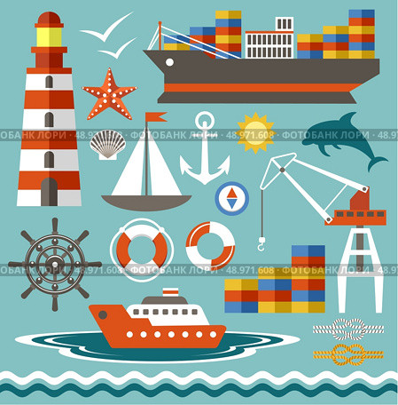 Port set in the style of flat illustration.Vector illustration. Стоковая иллюстрация, агентство Ingram Publishing / Фотобанк Лори