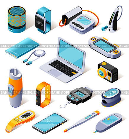 Portable electronics isometric icons  illustrated digital gadgets used in daily life in field of sports medicine work and leisure isolated vector illustration. Стоковая иллюстрация, агентство Ingram Publishing / Фотобанк Лори