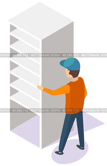 Porter in uniform moving empty white bookshelf. Wooden bookcase, modern cabinet or plastic cupboard. Living room piece of furniture 3D vector illustration. Porter Moving White Cupboard or Bookcase Vector. Стоковая иллюстрация, агентство Ingram Publishing / Фотобанк Лори