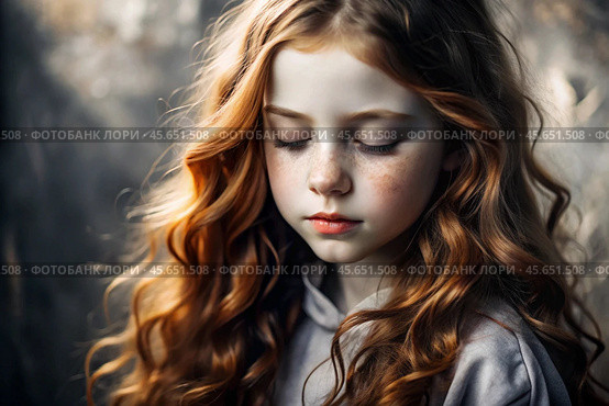 Portrait of a beautiful little red-haired girl with long wavy hair and a thoughtful look. The hair develops and creates a feeling of lightness and naturalness. Стоковое AI-изображение, AI-художник Photojuli / Фотобанк Лори