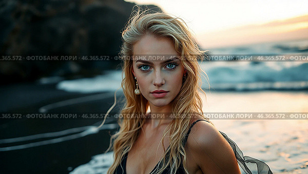 Portrait of a beautiful woman on a beach with black sand against the background of the sea. Romantic, calm and sensual photo of a girl in a delicate black dress. Стоковое AI-изображение, AI-художник Photojuli / Фотобанк Лори