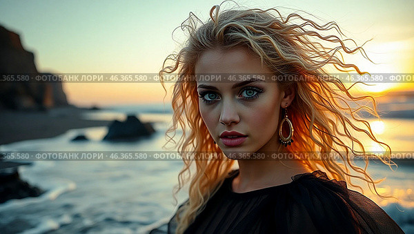 Portrait of a beautiful woman on a beach with black sand against the background of the sea. Romantic, calm and sensual photo of a girl in a delicate black dress. Стоковое AI-изображение, AI-художник Photojuli / Фотобанк Лори