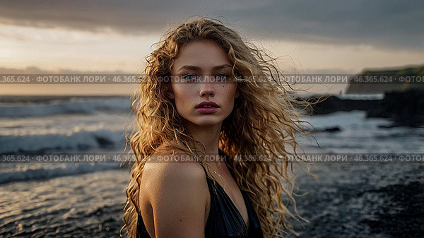 Portrait of a beautiful woman on a beach with black sand against the background of the sea. Romantic, calm and sensual photo of a girl in a delicate black dress. Стоковое AI-изображение, AI-художник Photojuli / Фотобанк Лори