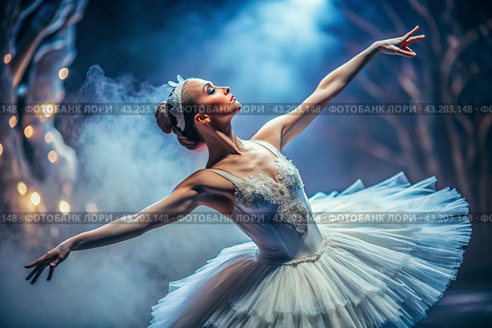 Portrait of a beautiful young ballerina . The radiance of Russian ballet, a ballerina in a tutu performs on stage. Стоковое AI-изображение, AI-художник Photojuli / Фотобанк Лори