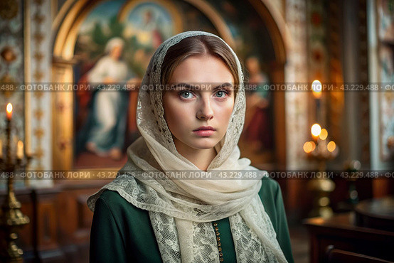 Portrait of a beautiful young woman in a headscarf in an Orthodox church. A girl prays in a church against the background of icons. Стоковое AI-изображение, AI-художник Photojuli / Фотобанк Лори