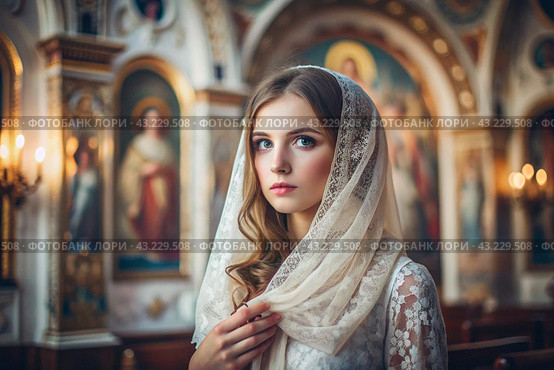 Portrait of a beautiful young woman in a headscarf in an Orthodox church. A girl prays in a church against the background of icons. Стоковое AI-изображение, AI-художник Photojuli / Фотобанк Лори