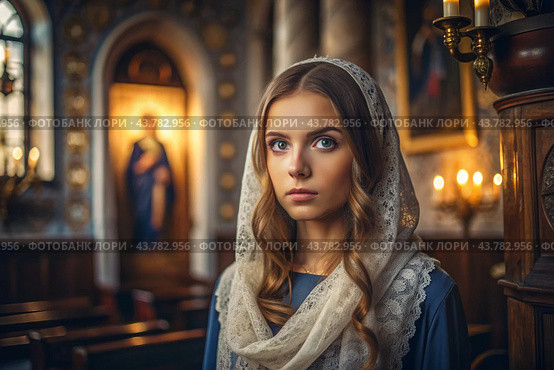 Portrait of a beautiful young woman in a headscarf in an Orthodox church. A girl prays in a church against the background of icons. Стоковое AI-изображение, AI-художник Photojuli / Фотобанк Лори