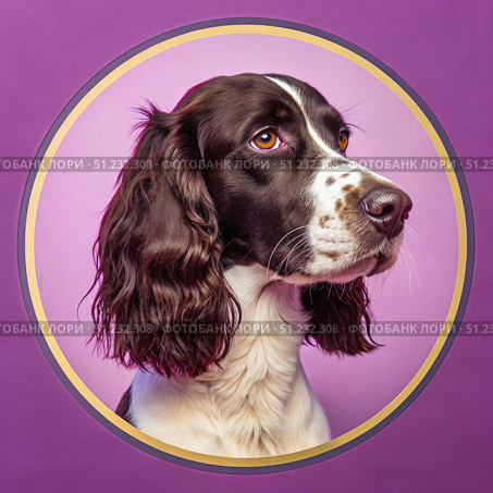Portrait of a Brown and White Spaniel Against a Purple Background. Generative AI. Стоковое AI-изображение, AI-художник Roman Zavorotny / Фотобанк Лори