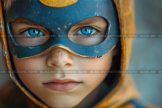 Portrait of a child wearing a superhero mask. The boy has bright blue eyes, freckles and a slightly serious expression. The mask, made in blue and gold, looks aged and worn, which adds a sense of realism and depth. His gaze is directed straight into the lens, creating a strong effect of involvement and emotional expressiveness.The overall impression of the image is inspirational, courageous and dreamy. It conveys the atmosphere of a child's imagination, the desire to be a hero, strong and special. Стоковое AI-изображение, AI-художник Анна Кривицкая / Фотобанк Лори