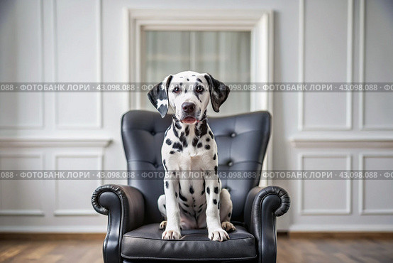 Portrait of a cute joyful Dalmatian dog. A banner with the image of a pet dog in the interior of a white and black living room. Стоковое AI-изображение, AI-художник Photojuli / Фотобанк Лори