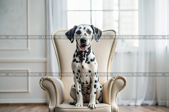 Portrait of a cute joyful Dalmatian dog. A banner with the image of a pet dog in the interior of a white and black living room. Стоковое AI-изображение, AI-художник Photojuli / Фотобанк Лори