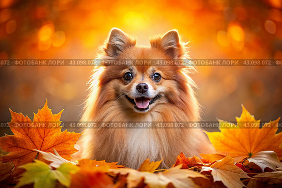 Portrait of a cute joyful Pomeranian dog in autumn on the background of autumn leaves. A banner with a picture of a pet dog. Стоковое AI-изображение, AI-художник Photojuli / Фотобанк Лори