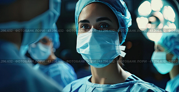 Portrait of a female medical worker surgeon in a face mask in the operating room. Стоковое AI-изображение, AI-художник Ярославский Максим / Фотобанк Лори