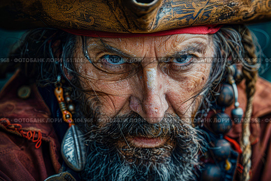 Portrait of a frowning pirate wearing tricorn hat and colorful beads. Стоковое AI-изображение, AI-художник Иван Рябоконь / Фотобанк Лори