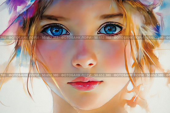 Portrait of a girl, done in watercolor technique with light, translucent brushstrokes. Her large blue eyes reflect the light, creating a sense of depth and mystery. The face is illuminated by soft sun glare, emphasizing the tenderness of the skin and natural blush. Light strands of hair are slightly disheveled, which gives the image a naturalness and lightness. The background is abstract, done in shades of blue, purple, gold and pink, which creates a harmonious combination with the facial features. The painting conveys a sense of dreaminess, freshness and youth. Стоковое AI-изображение, AI-художник Анна Кривицкая / Фотобанк Лори