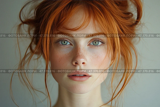 Portrait of a girl with bright red hair, green eyes and lots of freckles. Her gaze is direct, calm and a little thoughtful. Her hair is gathered in a slightly disheveled hairstyle, a few strands freely framing her face. Her skin is light, natural, her lips are a soft pink shade. The light, almost neutral background space emphasizes the expressiveness of her features and creates a feeling of lightness and sincerity. Стоковое AI-изображение, AI-художник Анна Кривицкая / Фотобанк Лори