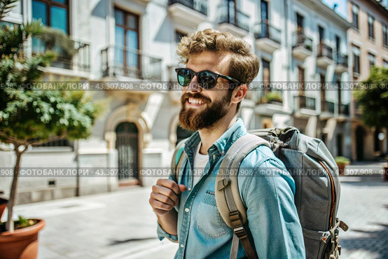 Portrait of a happy handsome hipster traveler with a backpack and sunglasses. Solo travel, lifestyle. A young tourist enjoys a vacation on a sunny day. Стоковое AI-изображение, AI-художник Photojuli / Фотобанк Лори