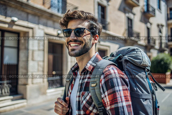 Portrait of a happy handsome hipster traveler with a backpack and sunglasses. Solo travel, lifestyle. A young tourist enjoys a vacation on a sunny day. Стоковое AI-изображение, AI-художник Photojuli / Фотобанк Лори