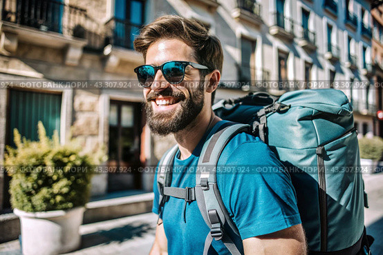 Portrait of a happy handsome hipster traveler with a backpack and sunglasses. Solo travel, lifestyle. A young tourist enjoys a vacation on a sunny day. Стоковое AI-изображение, AI-художник Photojuli / Фотобанк Лори