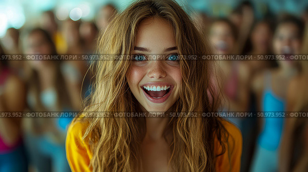 Portrait of a joyful young woman with blue eyes and long brown hair, surrounded by a blurred group of people. Стоковое AI-изображение, AI-художник Данила Большаков / Фотобанк Лори