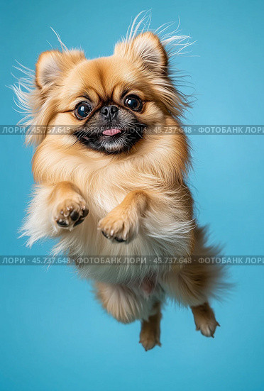 Portrait of a jumping Pekingese dog on a blue background. Стоковое AI-изображение, AI-художник ArtVladZ / Фотобанк Лори