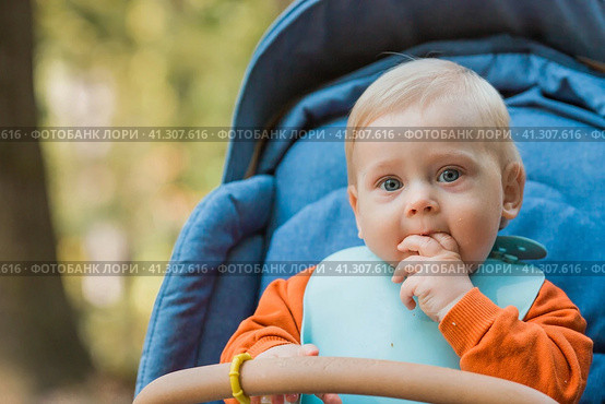 Portrait of a little boy 9 months old in the open air. A happy child in an autumn park is sitting in a stroller. Happy childhood and motherhood. Стоковое фото, фотограф Photojuli / Фотобанк Лори