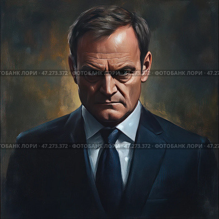 Portrait of a man in a strict classic suit with a white shirt and a dark tie. His facial expression is serious, with a piercing gaze that conveys strength and determination. The background is made in dark and warm shades, creating an atmosphere of formality and tension. The painting is done in a realistic style with an expressive texture of brushstrokes, which gives it an artistic character. Стоковое AI-изображение, AI-художник Анна Кривицкая / Фотобанк Лори