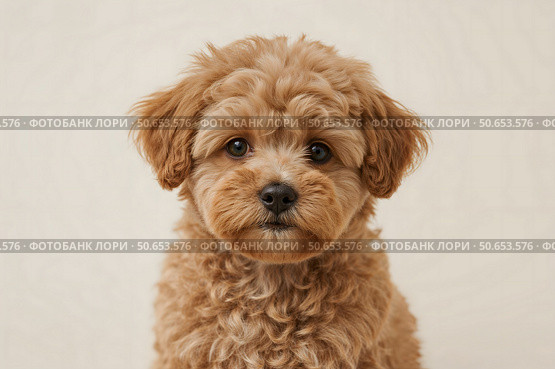 Portrait of a poodle, a small playful dog with curly, non-shedding hair, a round muzzle, large brown eyes, floppy ears and a short button nose, Стоковое AI-изображение, AI-художник Александр Поташев / Фотобанк Лори