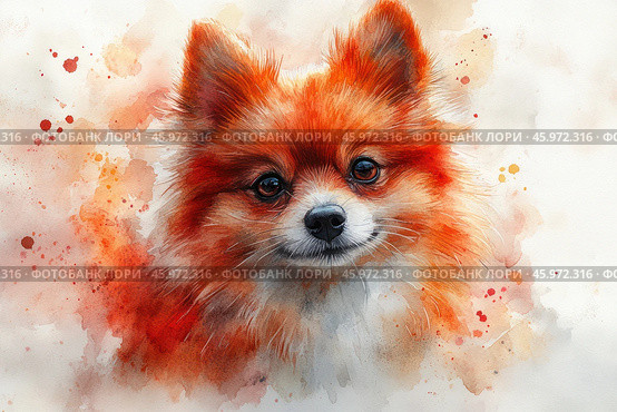 Portrait of a red Pomeranian Spitz, done in watercolor technique. The dog has a fluffy and bright coat, where fiery red and orange shades prevail, with smooth transitions to the white areas on the muzzle and neck. The Spitz has large, expressive eyes with a kind and friendly look, and a black nose adds contrast. The background consists of blurred watercolor with soft splashes and shades of red, orange and beige, creating dynamism and artistic texture. The painting is filled with warmth, lightness and aesthetics, perfectly conveying the character of this breed. Стоковое AI-изображение, AI-художник Анна Кривицкая / Фотобанк Лори