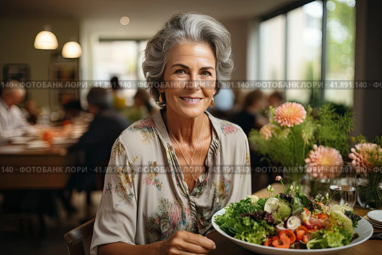 Portrait of a senior woman in a retirement home happily enjoying a healthy lunch. Presentation of a healthy lifestyle of well-being and contentment even at an age. Стоковое AI-изображение, AI-художник Ирина Михайличенко / Фотобанк Лори