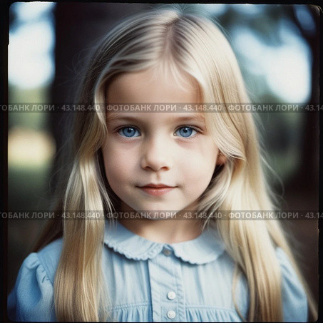 Portrait of a small beautiful pretty Caucasian girl with long blond flowing hair, blue eyes and chubby cheeks. Child outdoors. Direct, intelligent, calm, curious look. Childhood, retro vintage. AI. Стоковое AI-изображение, AI-художник Юлия Петровская / Фотобанк Лори