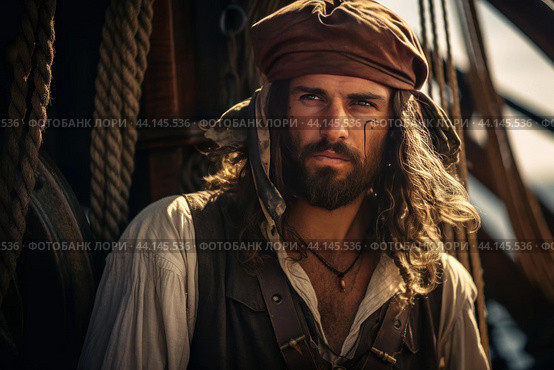 Portrait of a swashbuckling pirate at sea. Стоковое AI-изображение, AI-художник Иван Рябоконь / Фотобанк Лори