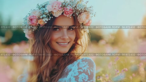 Portrait of a Woman in a Field of Flowers, Wearing a Floral Crown and a White Lace Dress, Smiling Tenderly Under a Bright Sky. Стоковое AI-видео, аниматор Данила Большаков / Фотобанк Лори