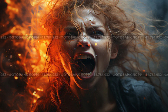 Portrait of a woman in a state of rage, screaming,  Generative AI. Стоковое AI-изображение, AI-художник Анна Кривицкая / Фотобанк Лори